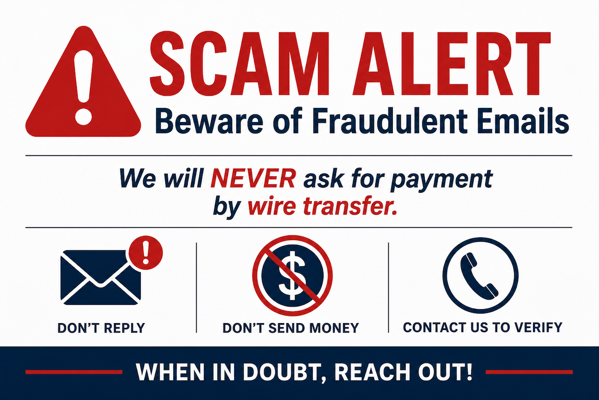 Graphic warning of a phishing email scam reminding residents that the Town will never request payment by wire transfer and to verify suspicious emails before responding.