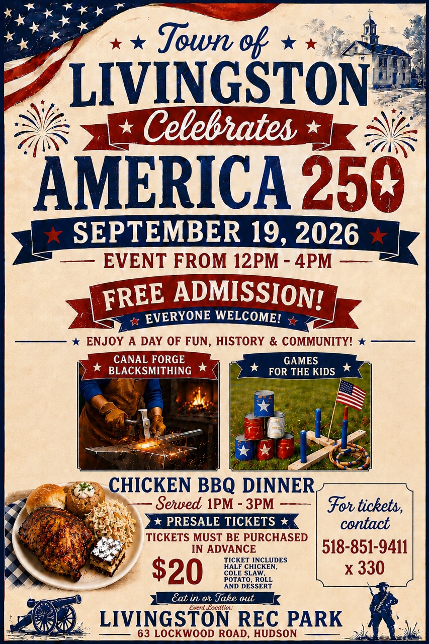 Town of Livingston America 250 Celebration event poster featuring a patriotic community celebration with a chicken BBQ dinner, historical demonstrations, and family activities on September 19, 2026.
