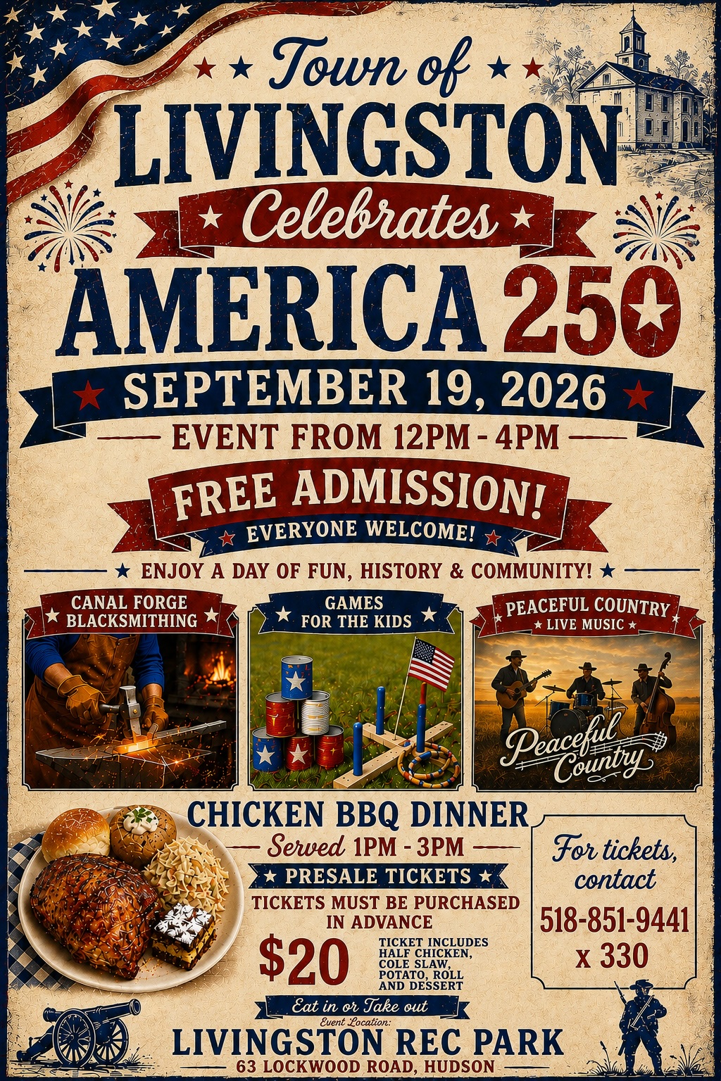 Town of Livingston America 250 Celebration event poster featuring a patriotic community celebration with a chicken BBQ dinner, historical demonstrations, and family activities on September 19, 2026.