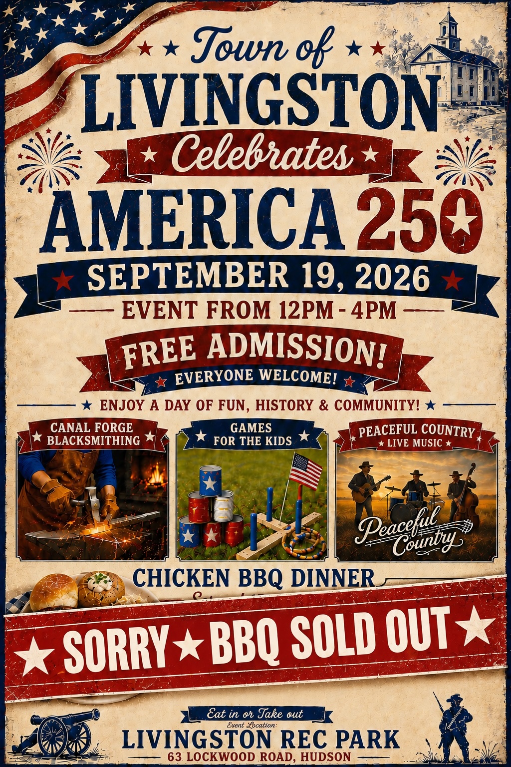 Town of Livingston America 250 Celebration on September 19, 2026 at Livingston Rec Park. Free admission. Chicken BBQ is sold out.